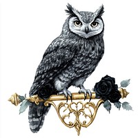 Owl perches on a small Gothic gold Iron Bar with black roses art owl illustration.