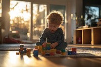 Young kid playing with blocks child sunlight colorful.