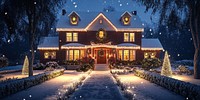 Stylish house decorated with Christmas lights christmas winter wreath.