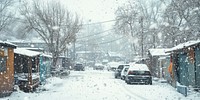 Cars park on road winter snow storm.