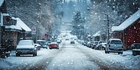 Cars park on road winter town snow.