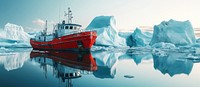 Red old trawler stuck ice icebergs scenery.