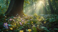 Spring forest background sunlight flowers trees.