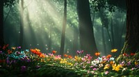 Spring forest background sunlight flowers trees.