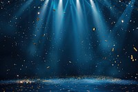 A blue background with spotlights shining down lighting confetti backdrop.