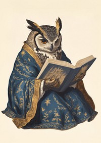 Great Horned Owl reading illustration character.