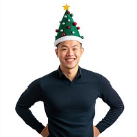 A happy Asian man wearing a christmas tree hat photography portrait festive.