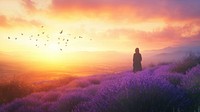 Silhouette of an individual standing lavender birds sky.