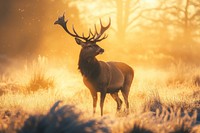 A majestic deer with antlers stands in the frosty meadows of an English countryside at sunrise wildlife nature beauty.