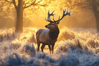 A majestic deer with antlers stands in the frosty meadows of an English countryside at sunrise wildlife nature golden.