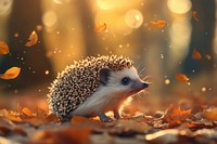 A cute hedgehog is standing in the forest nature photography leaves.