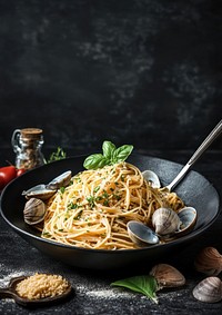 Design an elegant and modern menu for pasta restaurant spaghetti background clams.