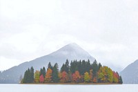 Photography of landscape mountain with lake on white sky nature trees vegetation.