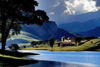 Photography of landscape mountain with lake on white sky scenery nature water.