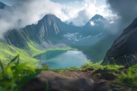 Photography of landscape mountain with lake on white sky mountains outdoors scenery.