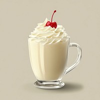 A transparent glass mug of vanila smoothie with whipping cream on top and cherry on top of the whipping cream drink beverage dessert.