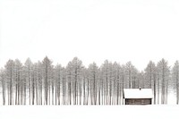 A snow forest border with a cabin in the wood nature trees white.