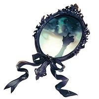 Coquette Cursed mirror reflecting a shadowy figure illustration ribbon chandelier.