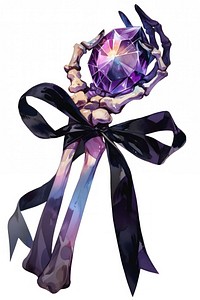 Coquette Skeleton hand clutching a glowing amethyst illustration ribbon black.