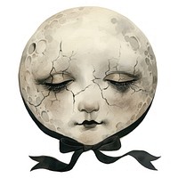 Celestial vintage moon face with black cracks art illustration watercolor.