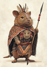 Wombat in a traditional Maori warrior outfit with face tattoos animal spear illustration.