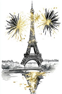 Paris with fireworks tower illustration reflection.