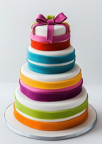 Three-tier fondant birthday cake ribbon multicolored celebration.