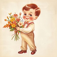 Vintage illustration of cute boy holding a flower bouquet flowers style art.