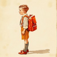 Vintage illustration of cute boy student backpack style art.