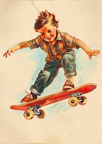 Vintage illustration of cute boy Riding a skateboard style 1950s skateboarding.