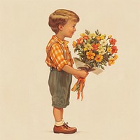 Vintage illustration of boy holding a flower bouquet flowers child photography.