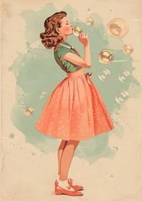 Vintage illustration of girl Blowing bubbles blowing 1950s style.