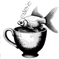 Goldfish swimming in a teacup black white art.