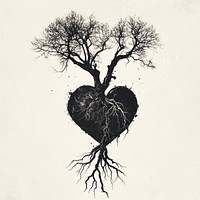 A tree with roots intertwined into a human heart nature black white.