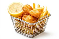 Sea Scallop deep fried basket with fries and lemon food delicious produce.