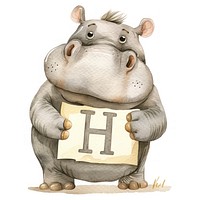 Watercolor hippo holding letter H animal cute illustration.