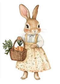 A rabbit carry a carrot basket wearing cute dress illustration watercolor clothing.