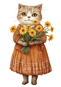 A chubby cat wearing dress carry yellow flower bouquet flowers art illustration.