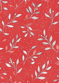 A Christmas red pattern with small white dots and delicate leaves art background seamless.