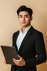 A asain young businessman using his laptop background portrait photo.