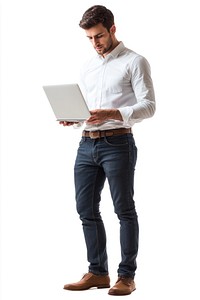 Young businessman using his laptop background standing computer.