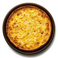 A baked corn cheese on pan food pizza delicious.