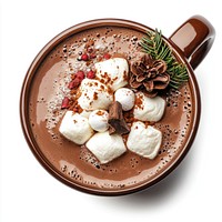 A Christmas hot chocolate with melting mashmellow beverage drink food.