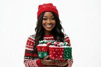 An american woman wearing christmas sweater carry christmas gifts happy holiday celebration.