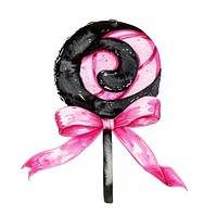 Black lollipop with pink ribbon bow tied sweets illustration watercolor.