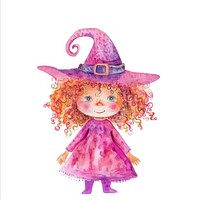 Halloween curly ginger hair kid wearing witch costume illustration watercolor colorful.