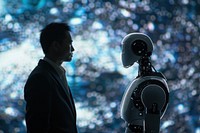 Businessman and an AI robot human technology futuristic.