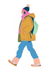 Female in winter outfit walking illustration clothing.