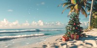 Christmas tree and gift boxes tropical beach gifts.