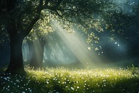 A misty forest at dawn sunlight flowers trees.